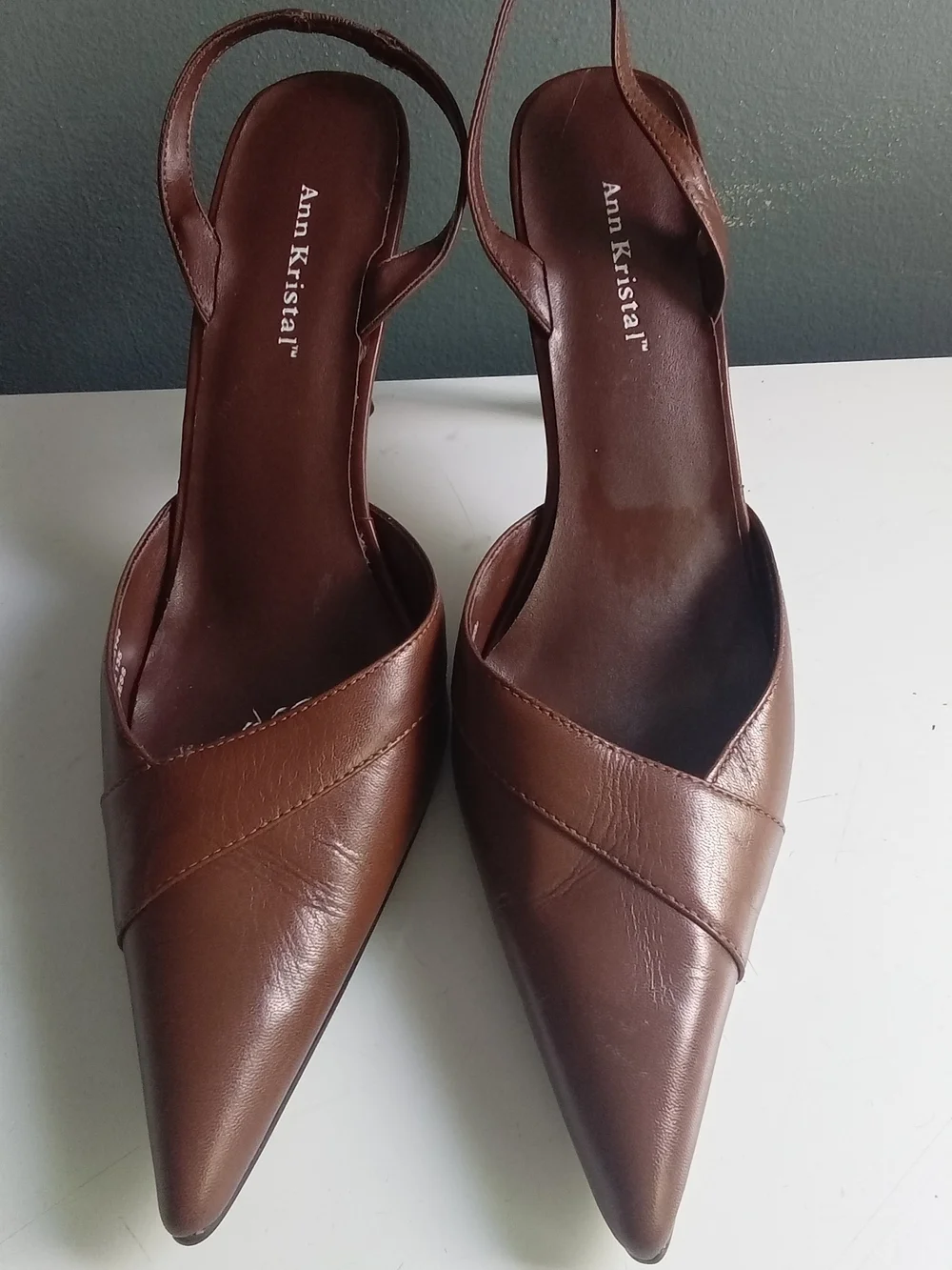 Ann Kristal Finesse Brown Leather Pointed Toe Slingback Stiletto Heels 11M